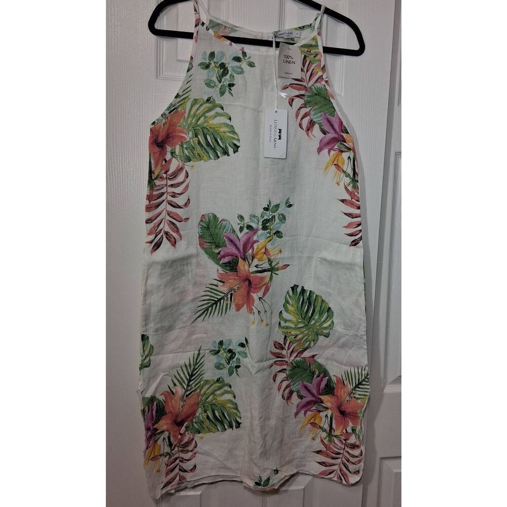 Lungo l'arno womens small shift dress 100% Italian linen white green floral - Picture 4 of 9